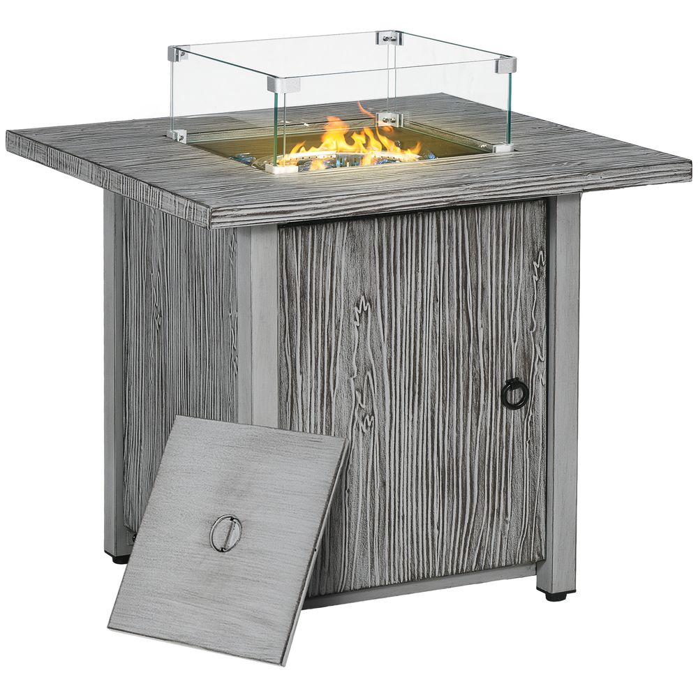 Gas Fire Pit Table - 40,000 BTU Burner, Cover, Glass Screen - Grey