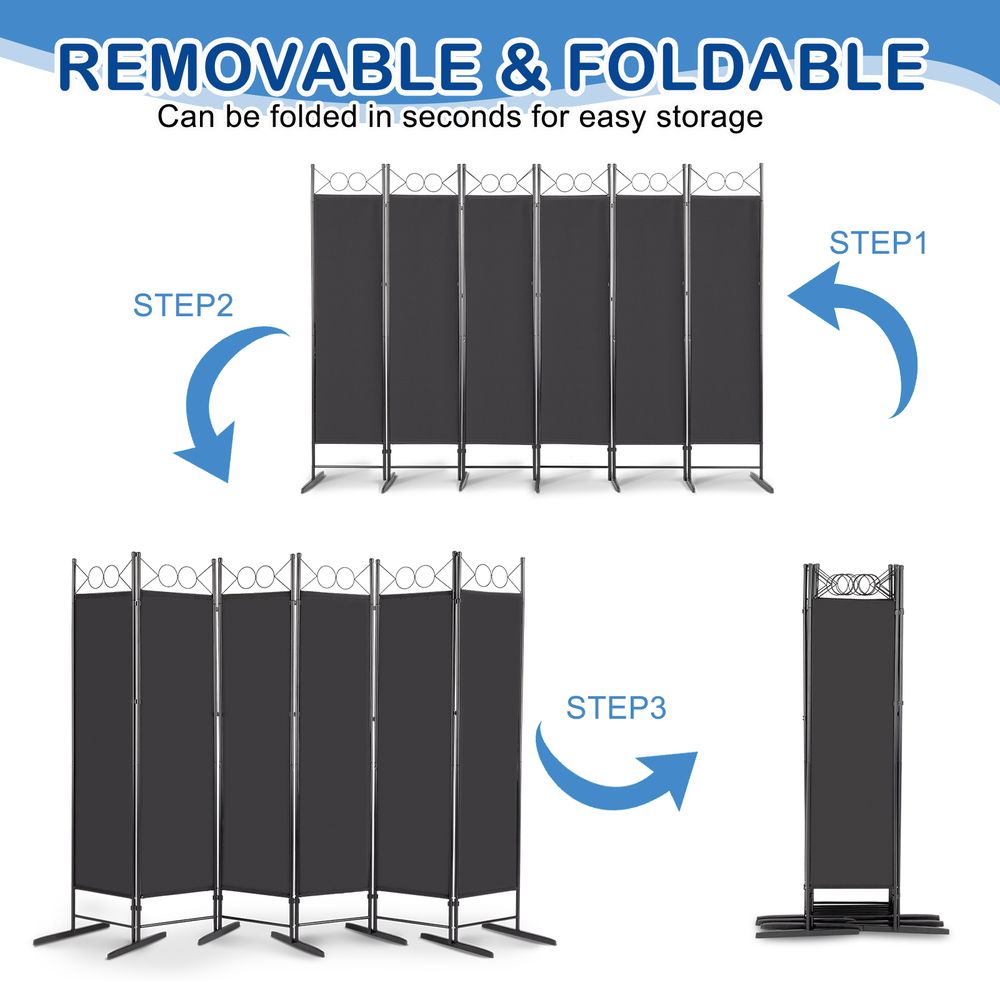 Steel Frame Folding Screen - Black, 6 Panels