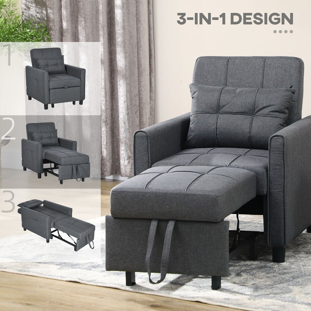 Pull Out Chair Bed, Sleeper Chair with Pillow, Side Pockets, Grey