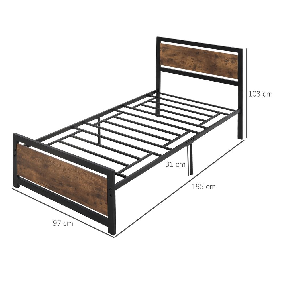 Single Size Metal Bed Frame w/ Headboard & Footboard, 97x195x103cm