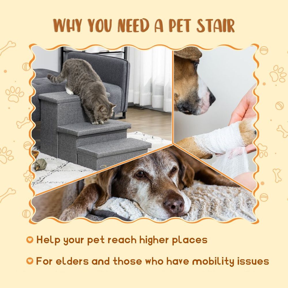 3 Step Dog Steps with Storage Boxes, Cat Stairs for Bed Sofa, Light Grey in Grey