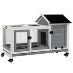 Wooden Rabbit Hutch, Small Animal House w/ Wheels, Removable Tray - Grey