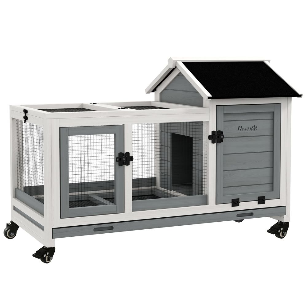 Wooden Rabbit Hutch, Small Animal House w/ Wheels, Removable Tray - Grey