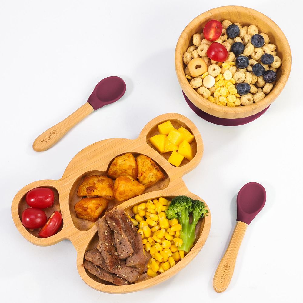 Bamboo Monkey Plate Set - 4-Sectioned Plate, Bowl, & Spoon - Non-slip Base - Food-Grade Silicone - Easy to Clean Red