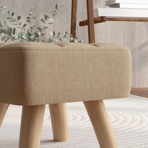 Modern Footstool, Fabric Foot Rest with Rubber Wood Legs