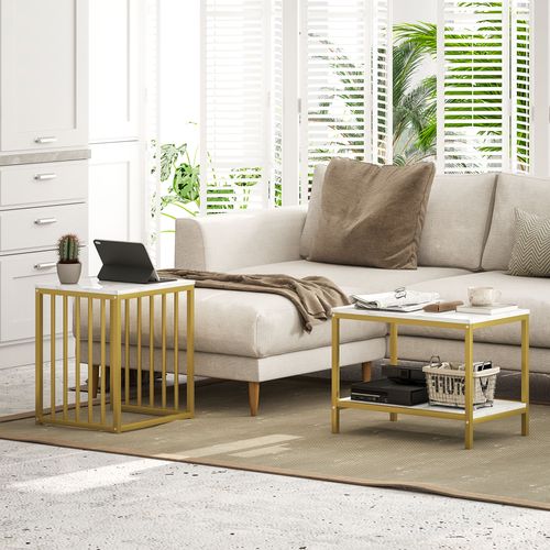 Modern Coffee Table Set of Two w/ Steel Frame Marble-Effect