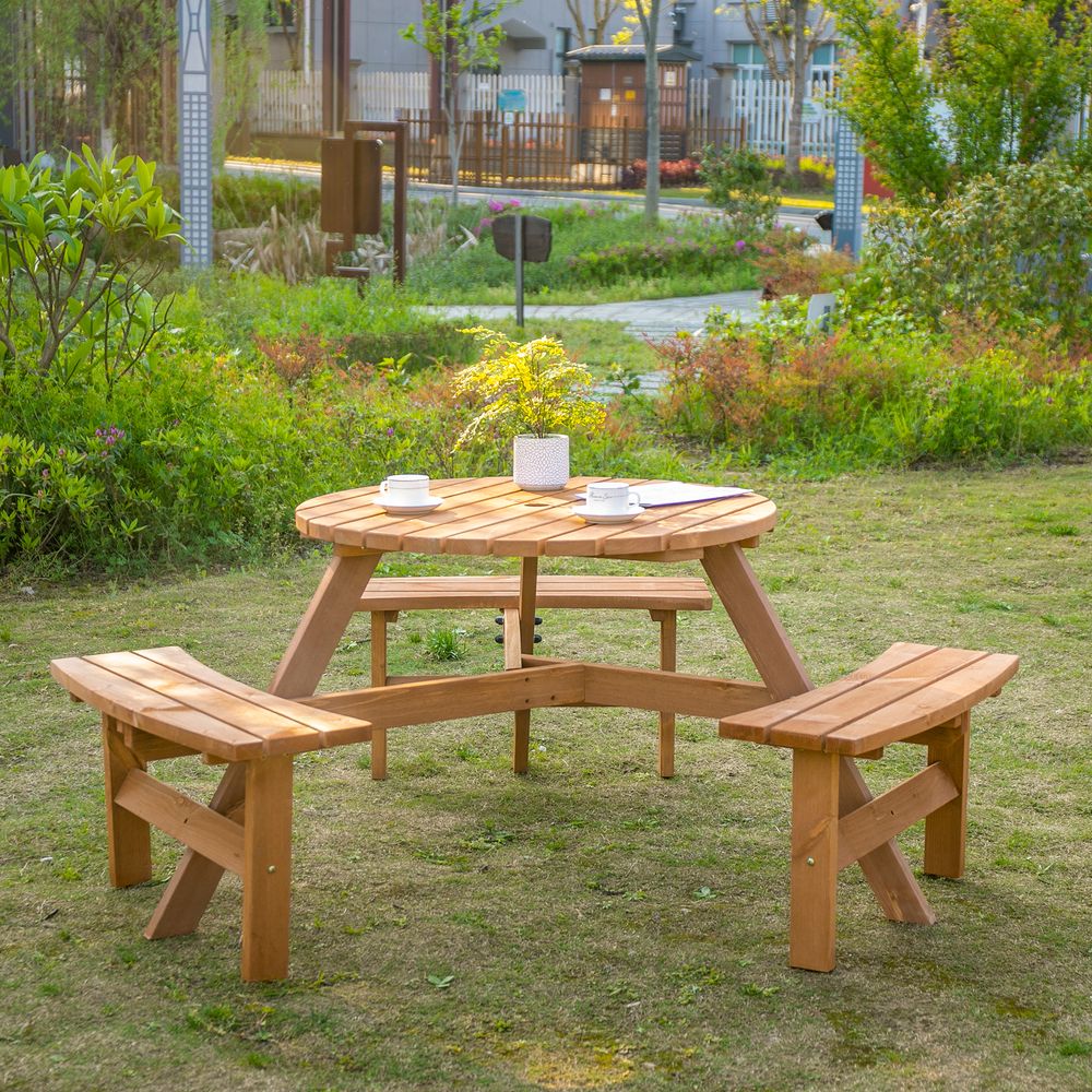 Round Table W/3 Attached Benches-Fir Wood