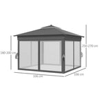 3x3(m) Pop Up Gazebo w/ Solar-Powered LED Lights Curtain Netting Grey