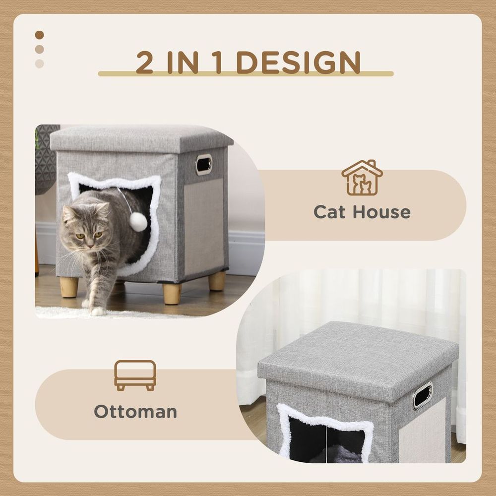 Deluxe 2-in-1 Cat Bed Ottoman w/ Cushion, Scratching Pad, Handles - Cat and Human Comfort!