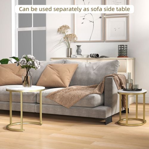 2 Pcs Coffee Table with Faux Marble Side Accent Tables White