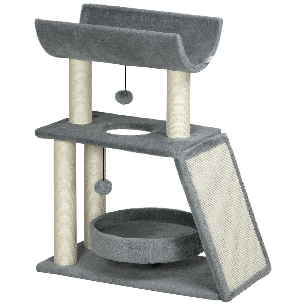 Indoor Cat Tree Tower: Scratching Posts, Pad, Light Grey, Toy Ball - Easy Assembly