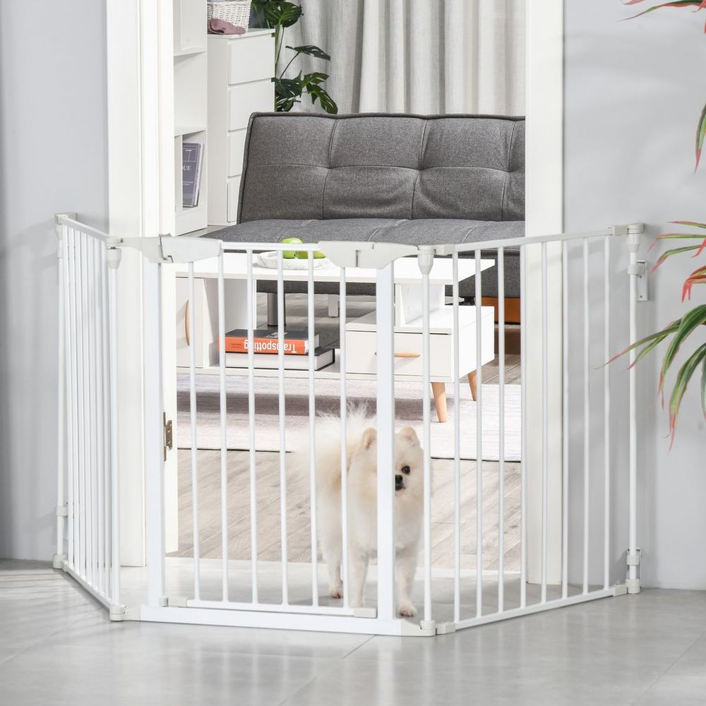 Pet Safety Gate - 3-Panel Metal Fence w/ Door - White