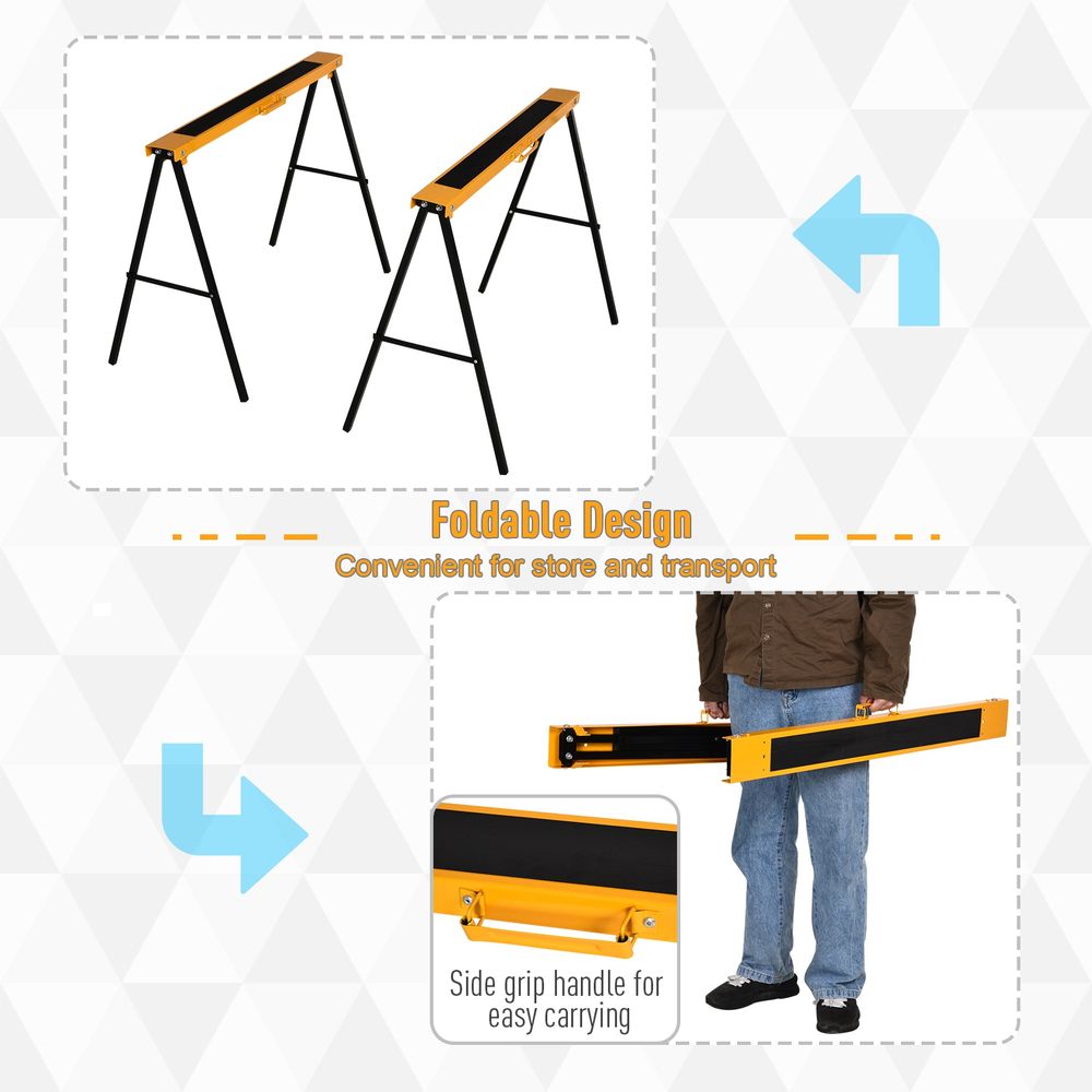 Steel Saw Horse Set - Non-Slip, 2-Piece, Black/Yellow