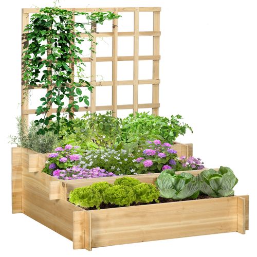 3 Tier Wooden Garden Planters with Trellis for Vine Climbing Plants in Wooden