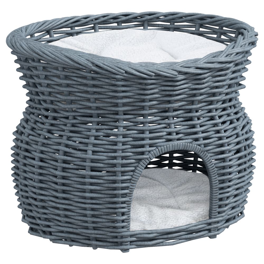 2-Tier Elevated Pet Cushion Bed Basket Willow Cat Tree House Condo Kennel