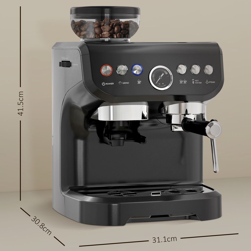 Espresso Machine w/ Integrated Grinder & Steam Wand - 15 Bar Pressure - Professional Quality