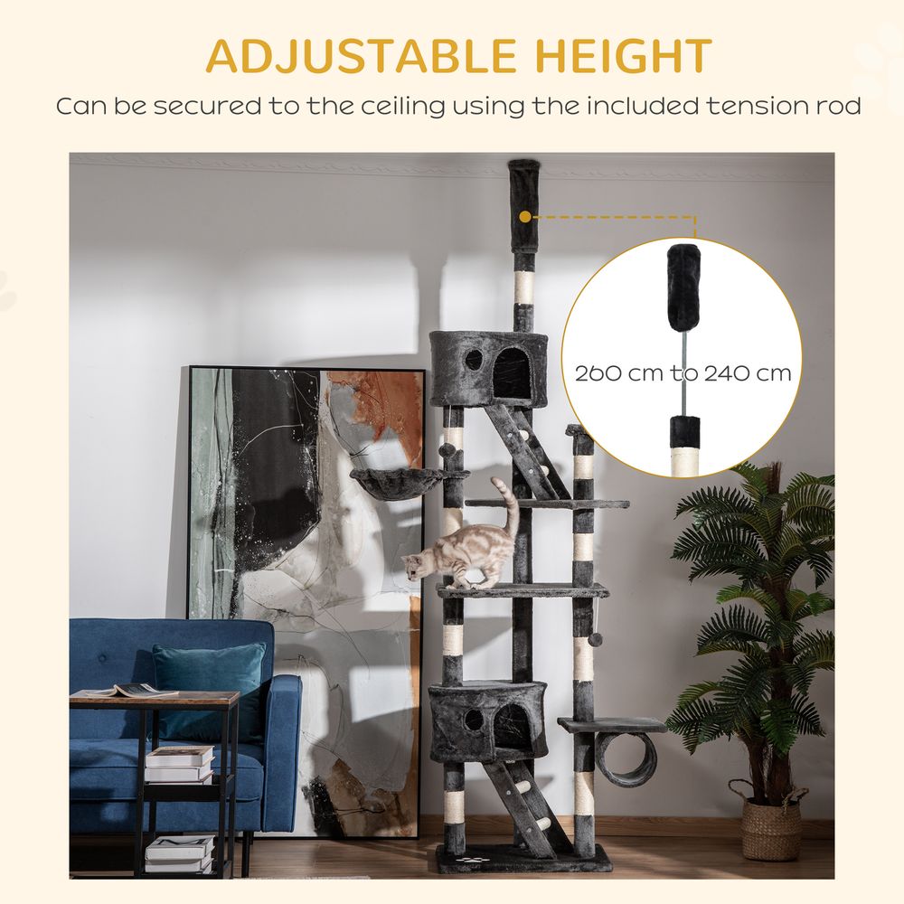 Dark Grey Cat Tree with Scratching Posts - Adjustable 240-260cm Height