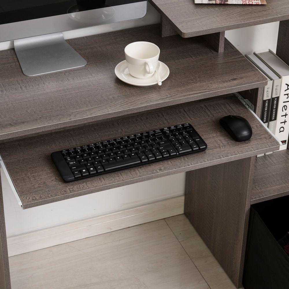 2021 Home Office Computer Desk - Sliding Keyboard Tray, Storage Drawer, Shelf - Sleek Grey Design