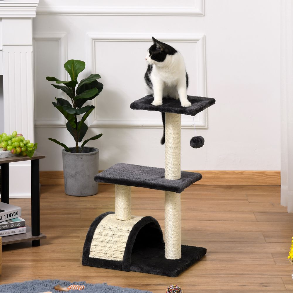 Cat Tree Tower for Indoor Cats, 72cm Climbing Activity Centre w/Sisal Scratching Post, Pad, Arc Perch, Hanging Ball, Toy - Black