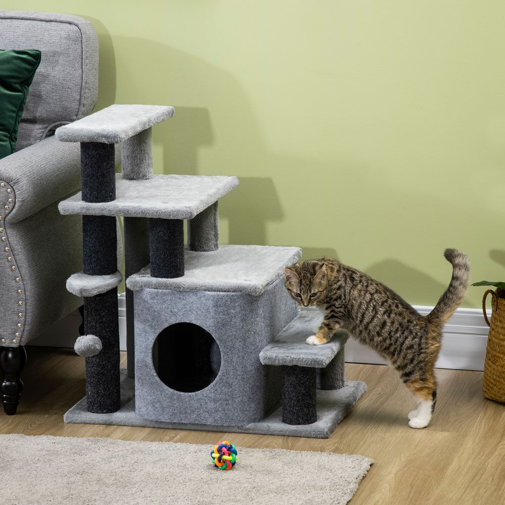Dog Steps for Bed 4 Step Pet Stairs Cat House with Detachable Cover, Cat ladder for Sofa w/Hanging Balls - Grey