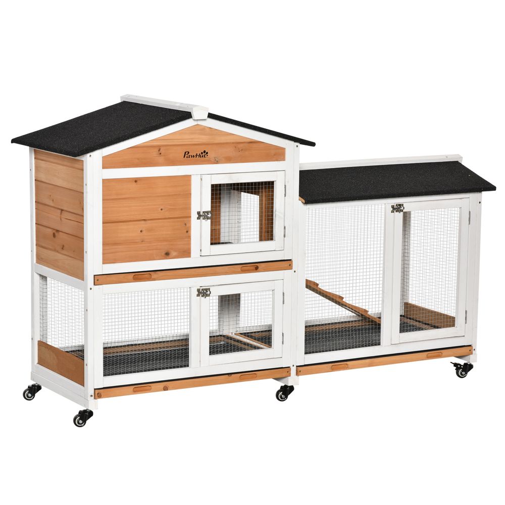 Rabbit Hutch Outdoor with Run Guinea Hutch 2-Tier Bunny Cage w/Wheels No-Leak Plastic Tray 157.4 x 53 x 99.5 cm - Yellow