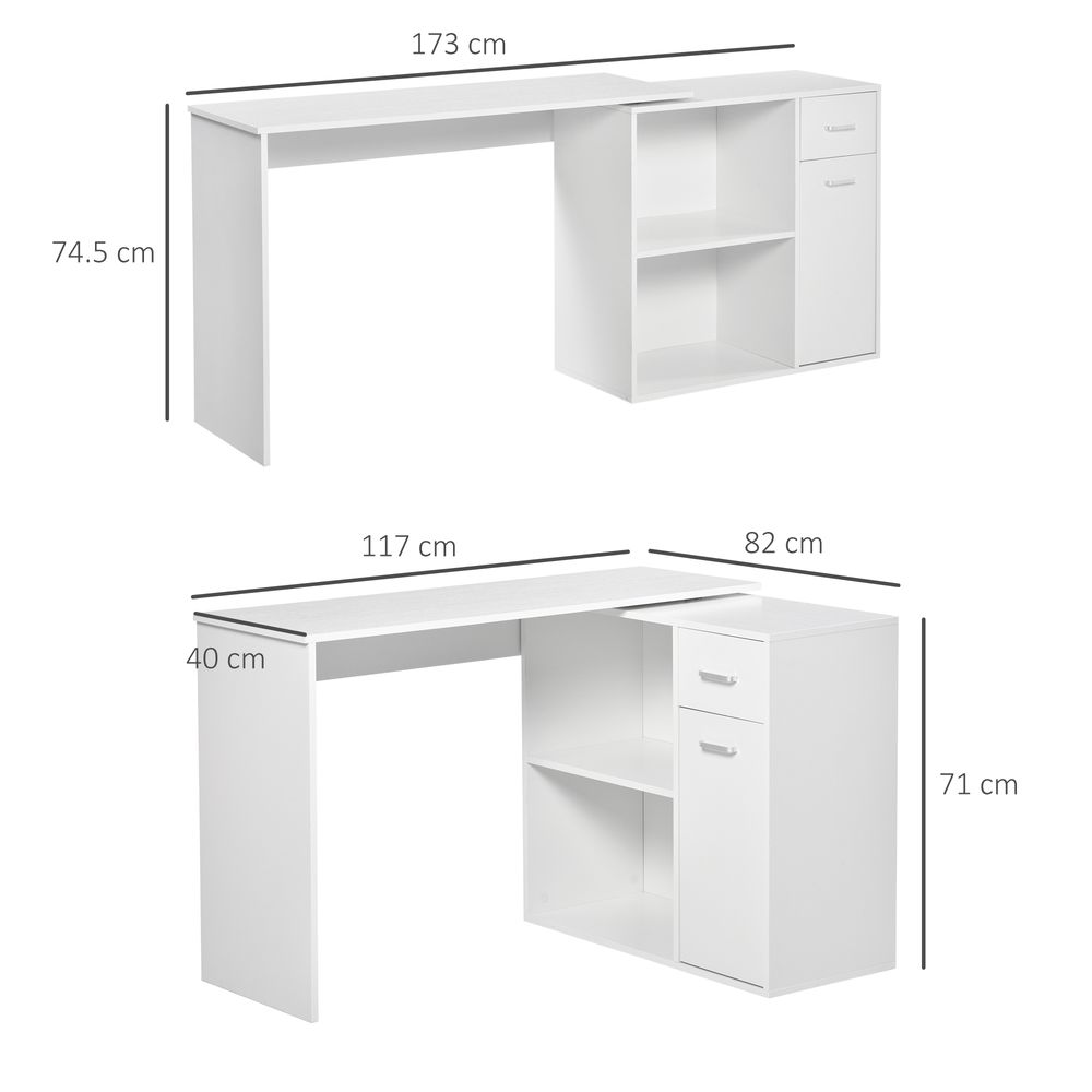 L-Shaped Desk, Corner Computer Desk, Adjustable Study Table with Storage Shelf, Drawer and Cabinet, Workstation for Home Office, White Wood Grain