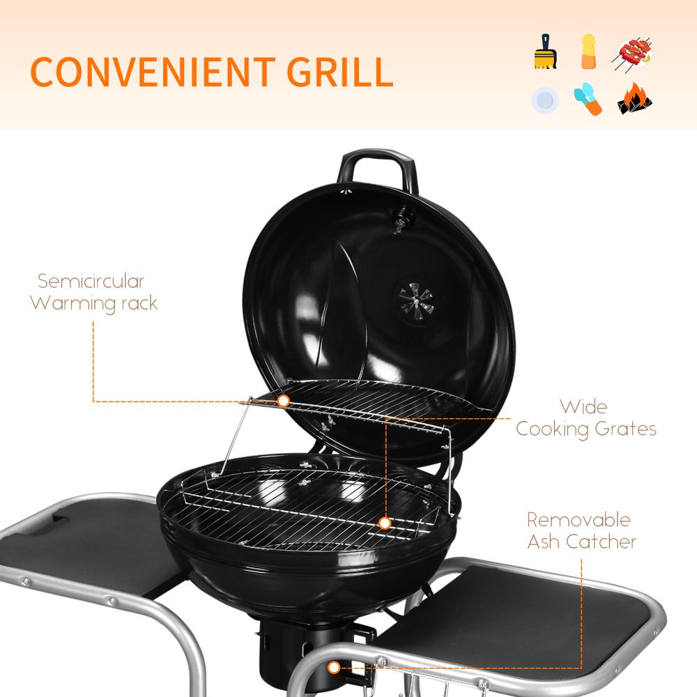 Garden Trolley BBQ Grill - Black - High-Temperature Enamel - Portable & Spacious - Ideal for Outdoor Grilling