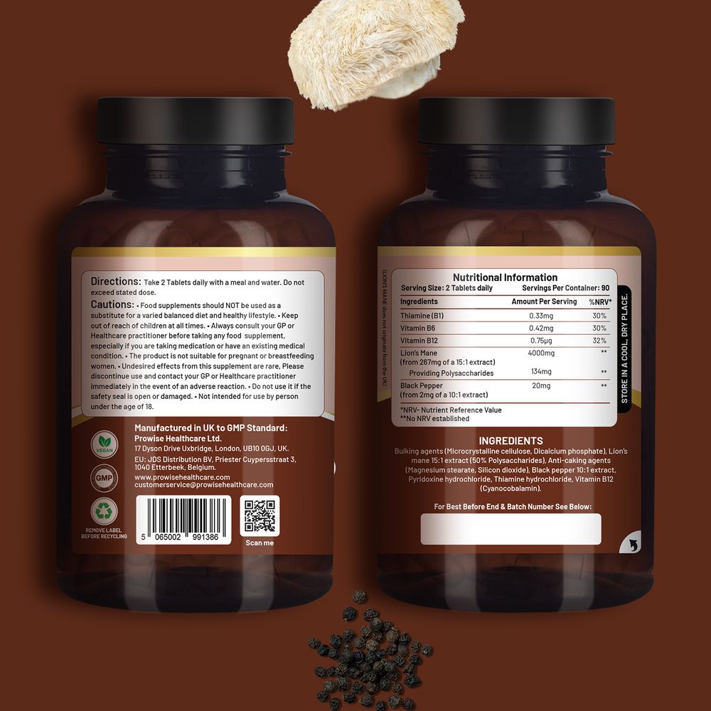 Lions Mane Mushroom Supplement 4000mg with Vitamin B1, B6, B12 & Black Pepper - 180 Super Strength Vegan Tablets with 50% Polysaccharides (Not Powder or Capsules) | Made in The UK