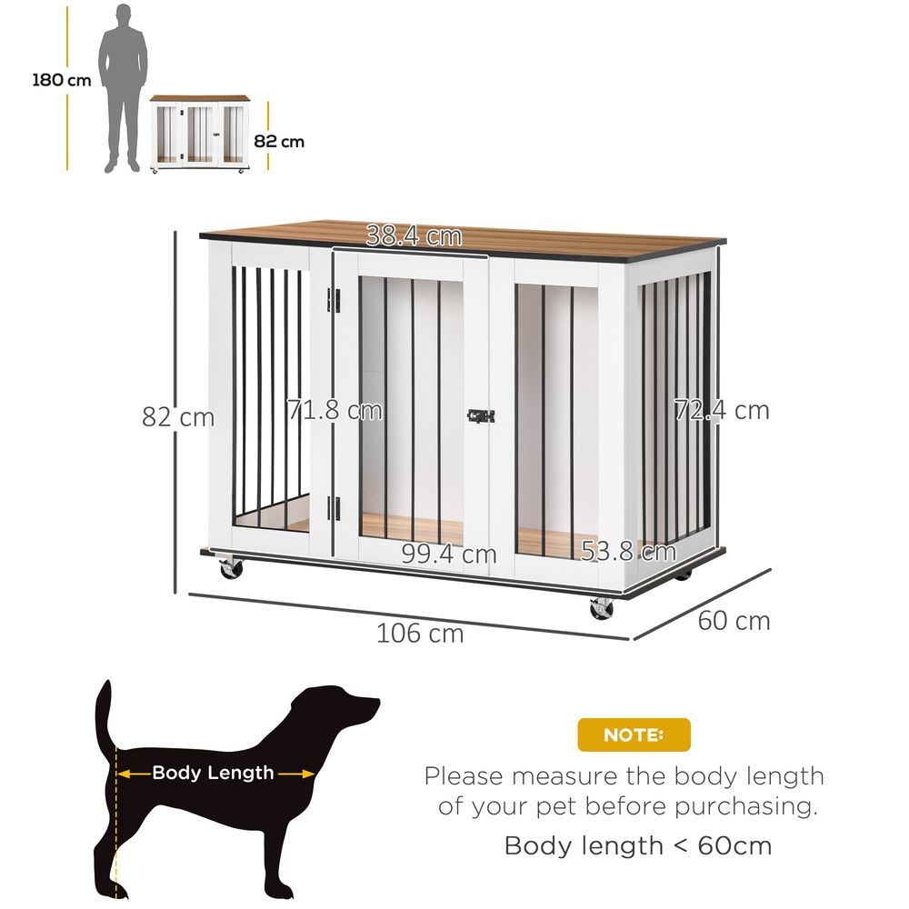 Dog Crate Furniture, Dog Cage End Table with Wheels, Lockable Door, for Medium Dogs, 106 x 60 x 82 cm - White