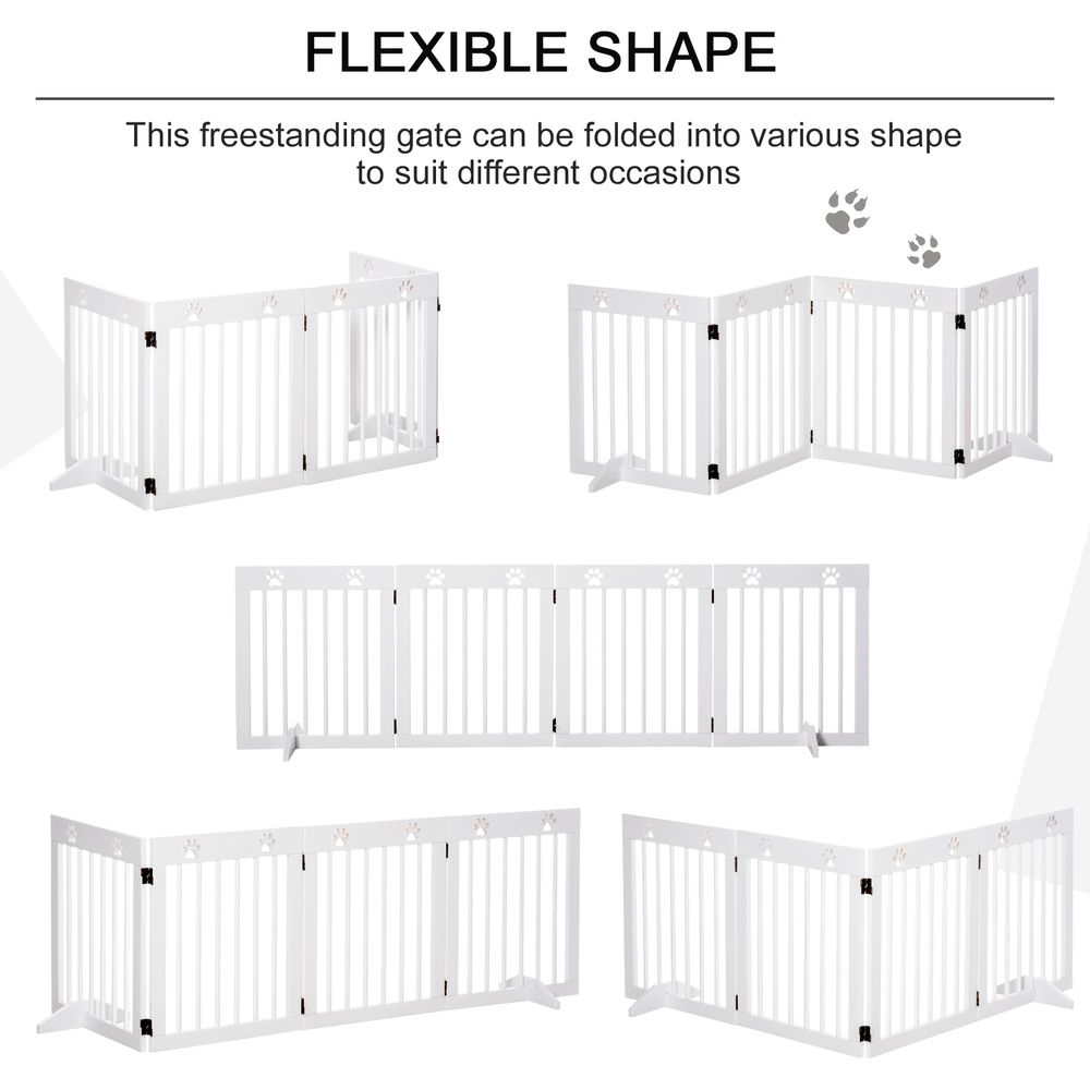 Freestanding Pet Gate 4 Panel Wooden Dog Barrier Folding Safety Fence with Support Feet up to 204cm Long 61cm Tall for Doorway Stairs White
