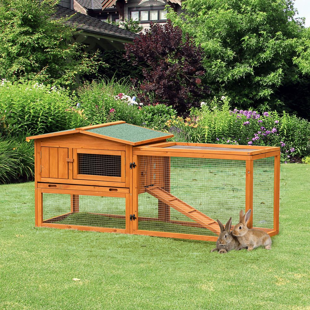 Rabbit Hutch with Run Wooden Guinea Hutch Outdoor Bunny Cage Hide House with Sliding Tray, Hay Rack, Ramp, 156 x 58 x 68cm, Orange