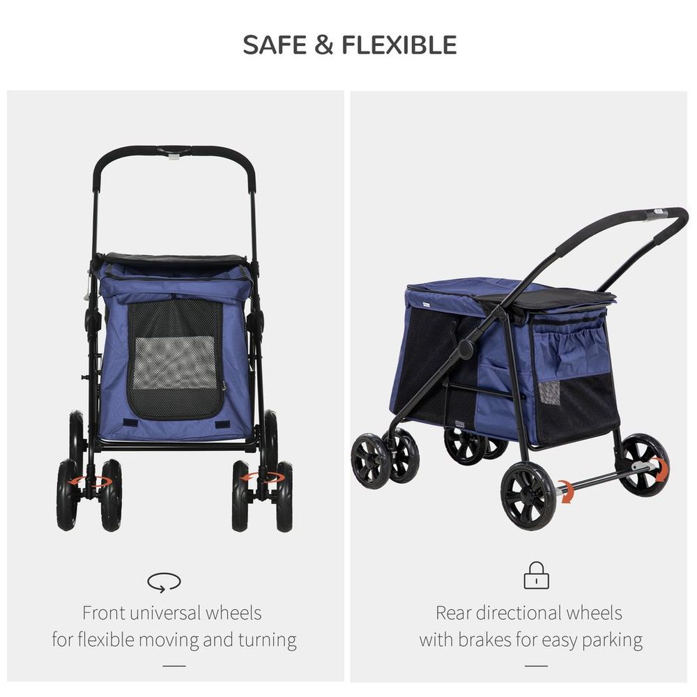 One-click Foldable Pet Stroller w/ Mesh Windows, for Small Pets - Blue