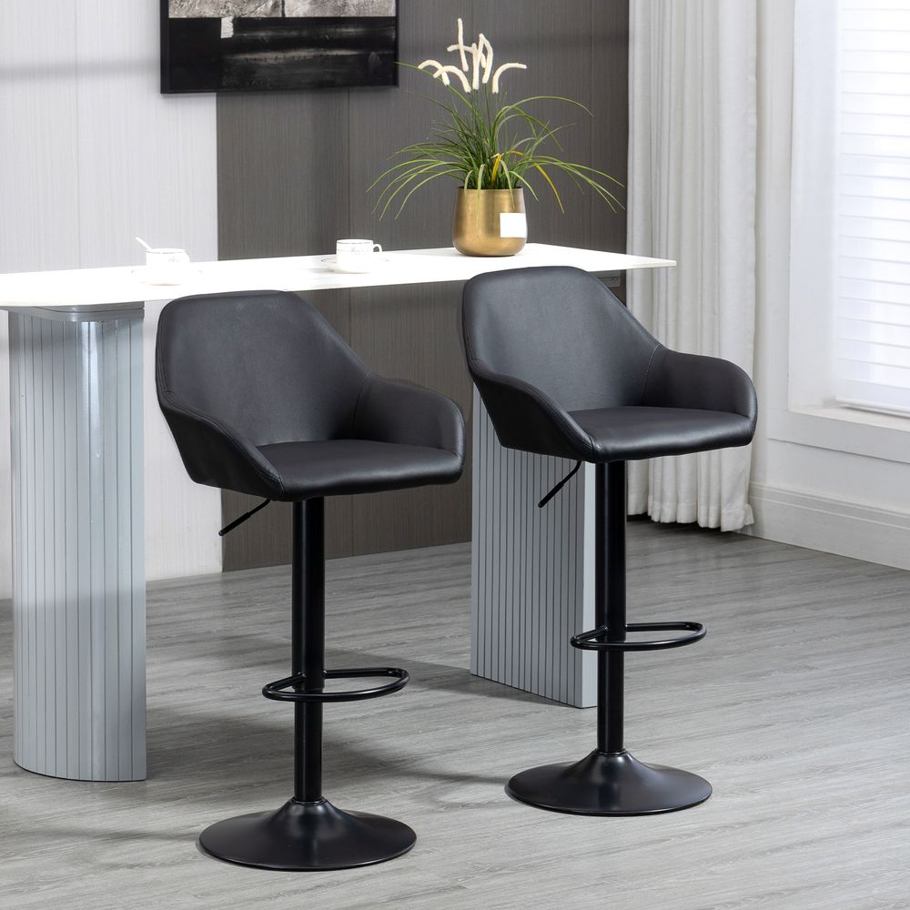 Swivel Barstools - Set of 2 - PU Leather - Footrest - Backrest - Black