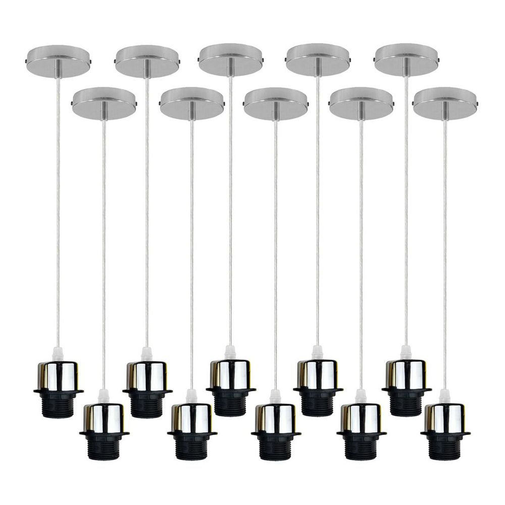 Industrial Chrome Pendant Light 10-Pack - Addable Lampshade - E27 UK Holder Set - PVC Cable - Dimmable