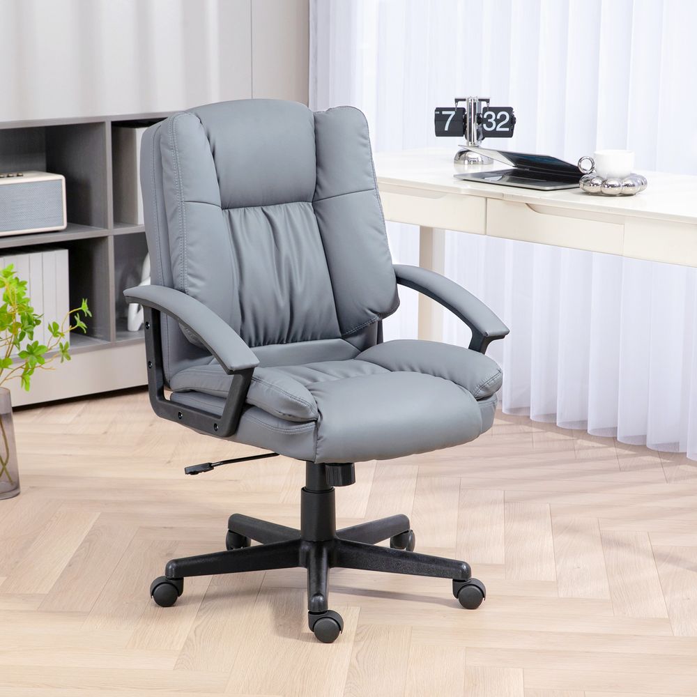 Faux Leather Home Office Chair Mid Back Desk Chair with Arms Light Grey