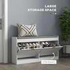 Shoe Bench with 2 Flip Drawers, Cushion, 8 Pairs for Entryway White