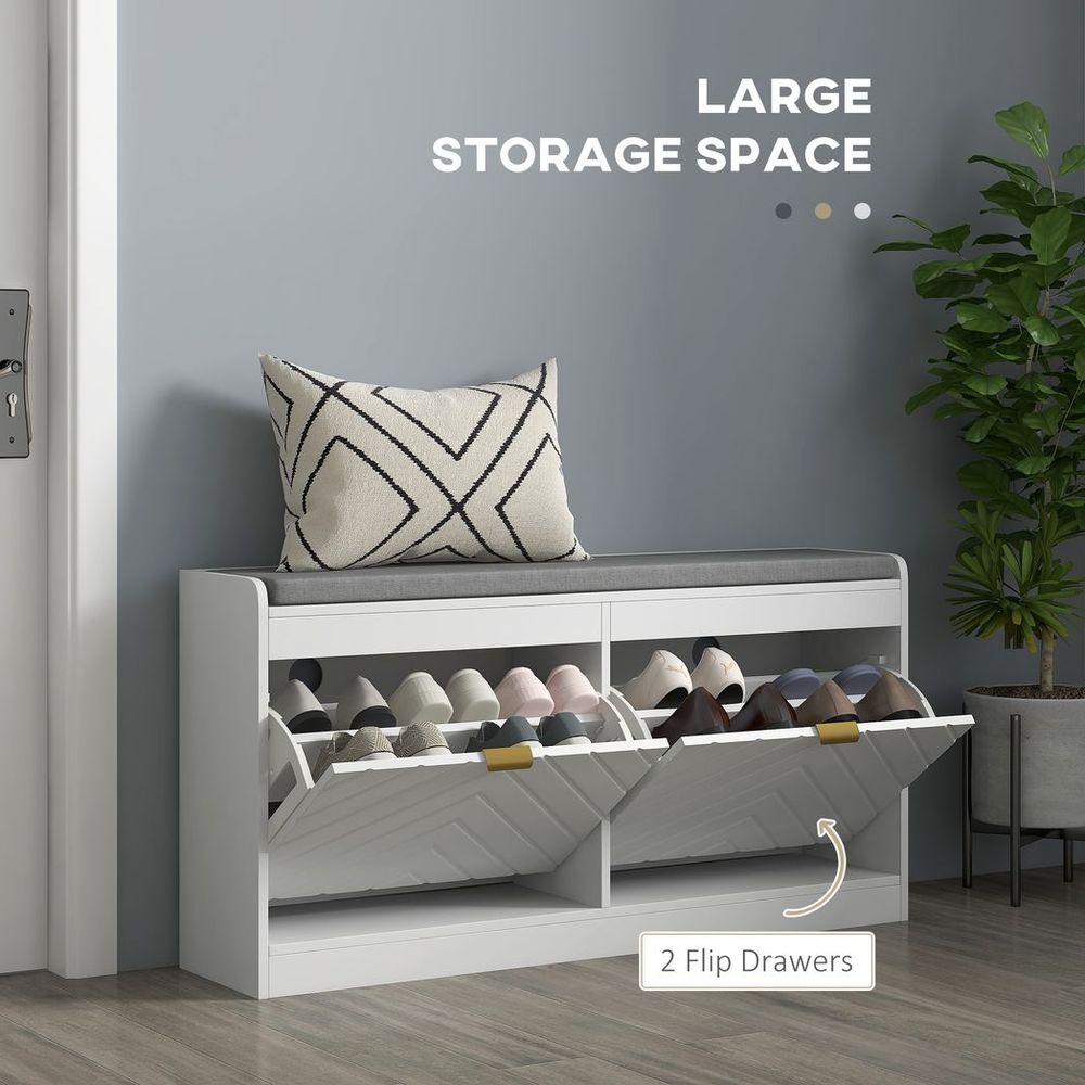Shoe Bench with 2 Flip Drawers, Cushion, 8 Pairs for Entryway White