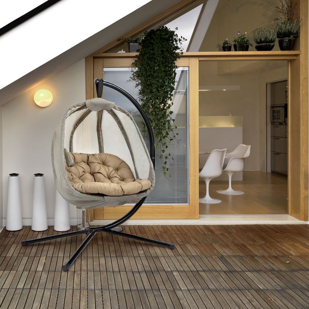 Hanging Egg Chair, Swing Hammock with Cushion and Stand, Khaki