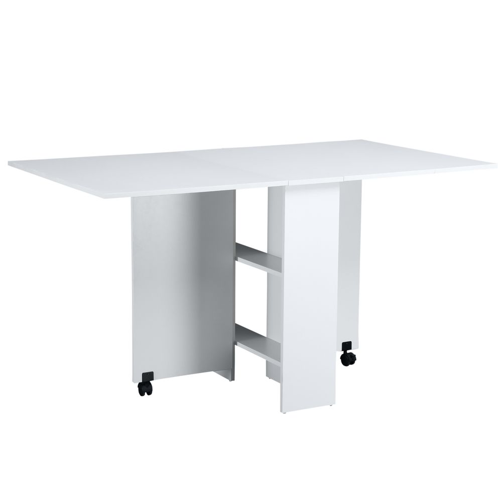 Space-Saving Folding Desk Table - Mobile Drop Leaf - Wheel Storage Shelves - White