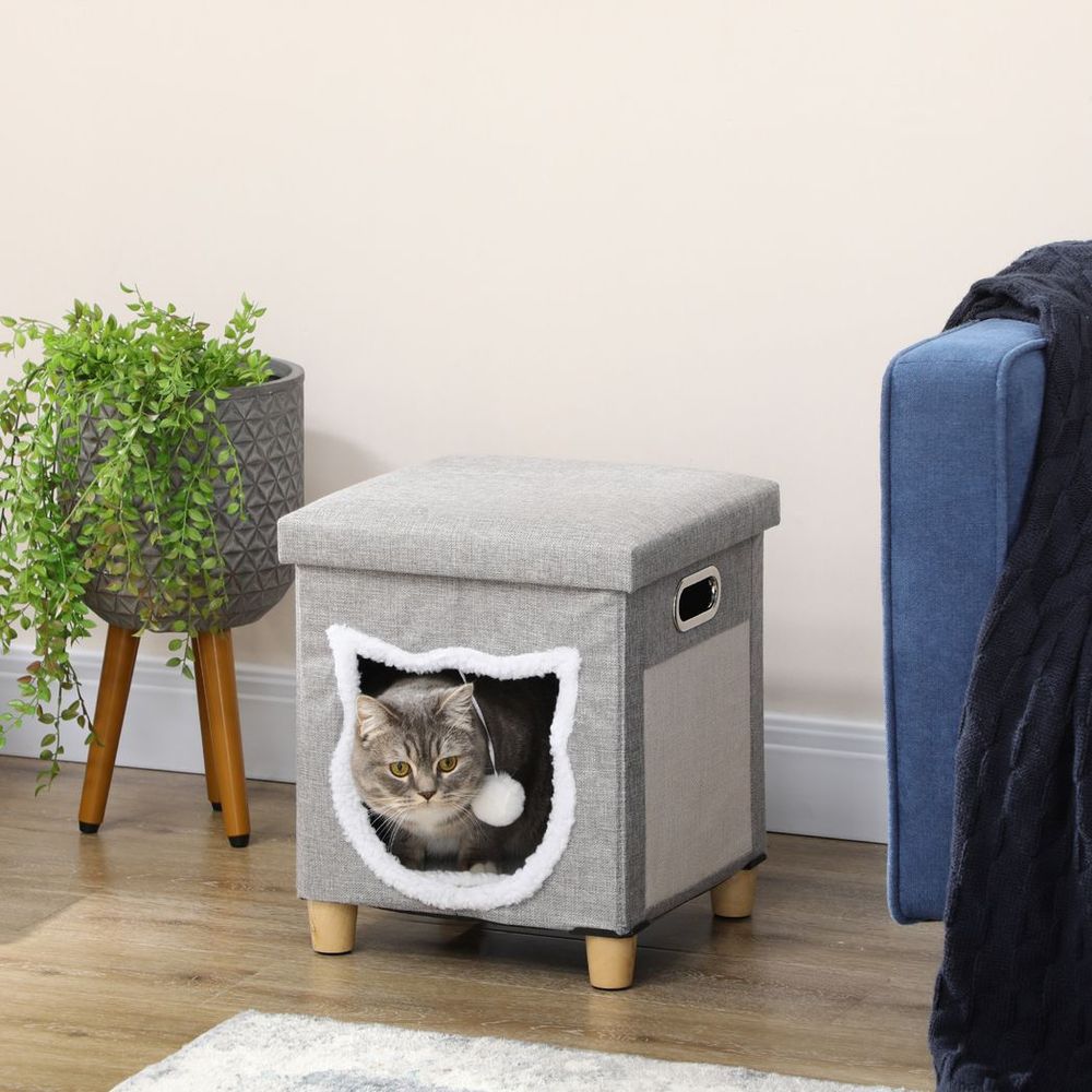 Deluxe 2-in-1 Cat Bed Ottoman w/ Cushion, Scratching Pad, Handles - Cat and Human Comfort!