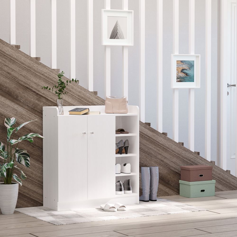 Shoe Storage Cabinet - Adjustable Shelves, Sleek White Design