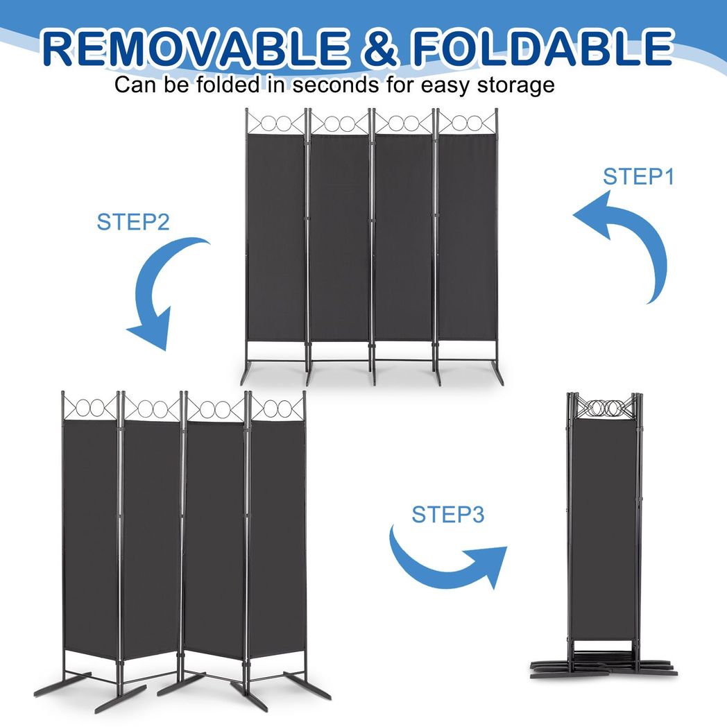 Steel Frame Folding Screen - Black, 4 Panels
