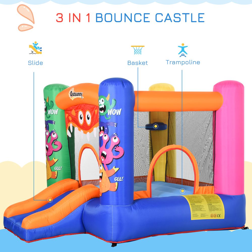 3-in-1 Kids Bouncy Castle with Slide Trampoline Basket, Inflatable Bounce House with Blower for Kids Age 3-8 Monster Design 2.5 x 1.8 x 1.75m