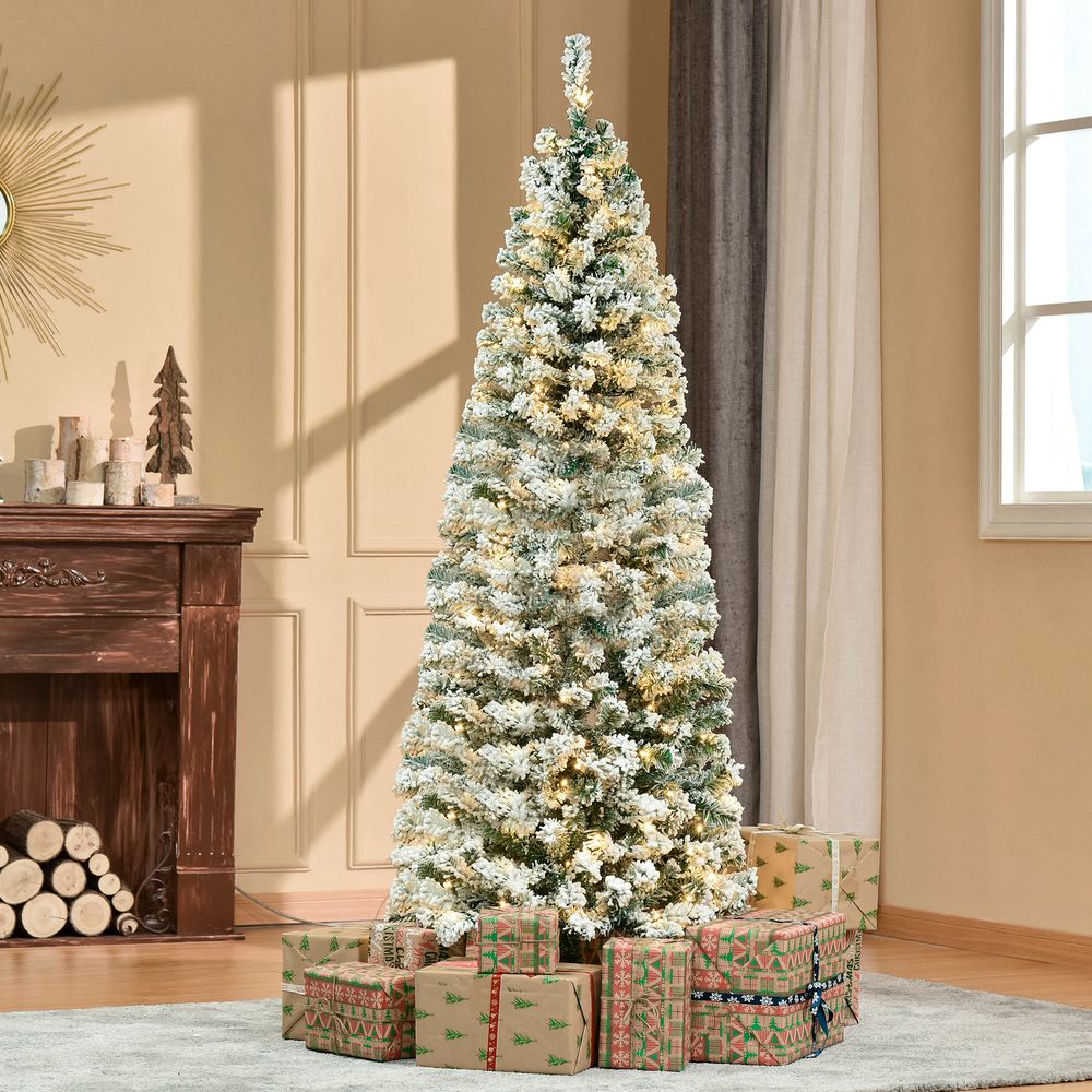Artificial Snow Flocked Christmas Tree - 6ft Prelit Green White - Warm LED Lights