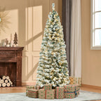 Artificial Snow Flocked Christmas Tree - 6ft Prelit Green White - Warm LED Lights