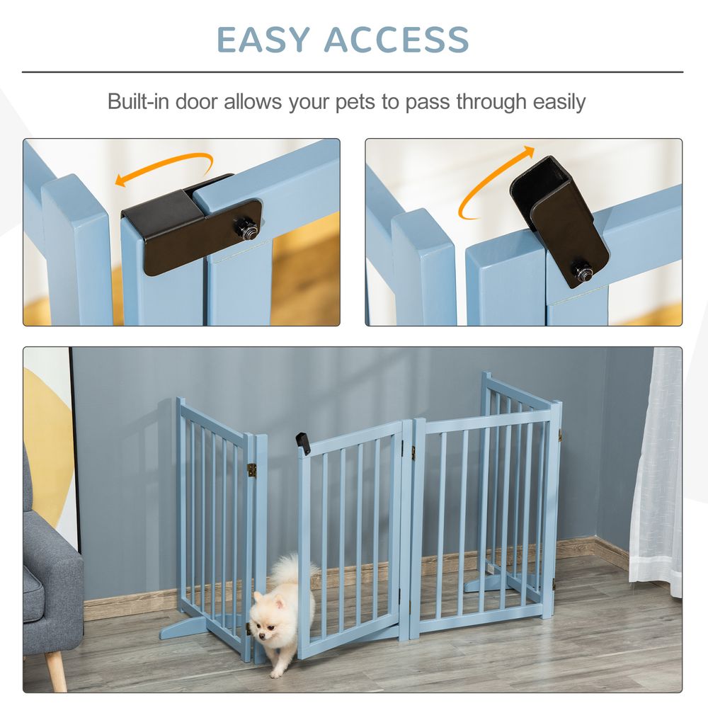Freestanding Pet Gate for Small and Medium Dogs, Wooden Foldable Dog Safety Barrier with 4 Panels, 2 Support Feet, 80 cm Tall for Doorways, Stairs Blue-grey