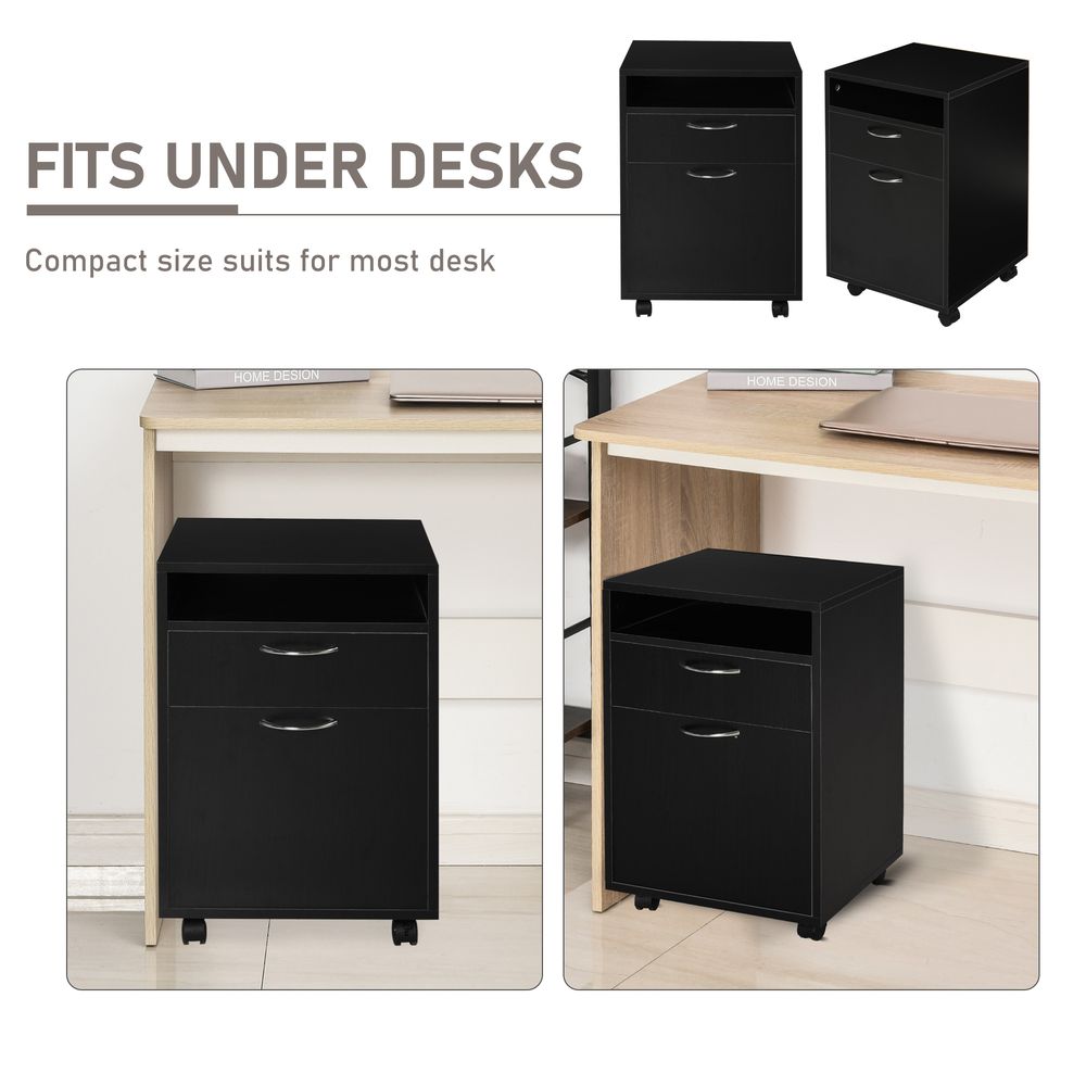 60cm Storage Cabinet w/Drawer Open Shelf Metal Handles 4 Wheels Office Home Organiser Mobile Printer Black