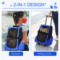 Pet Travel Backpack Bag Cat Puppy Dog Carrier w/ Trolley and Telescopic Handle Portable Stroller Wheel Luggage Bag (Blue)