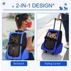 Pet Travel Backpack Bag Cat Puppy Dog Carrier w/ Trolley and Telescopic Handle Portable Stroller Wheel Luggage Bag (Blue)