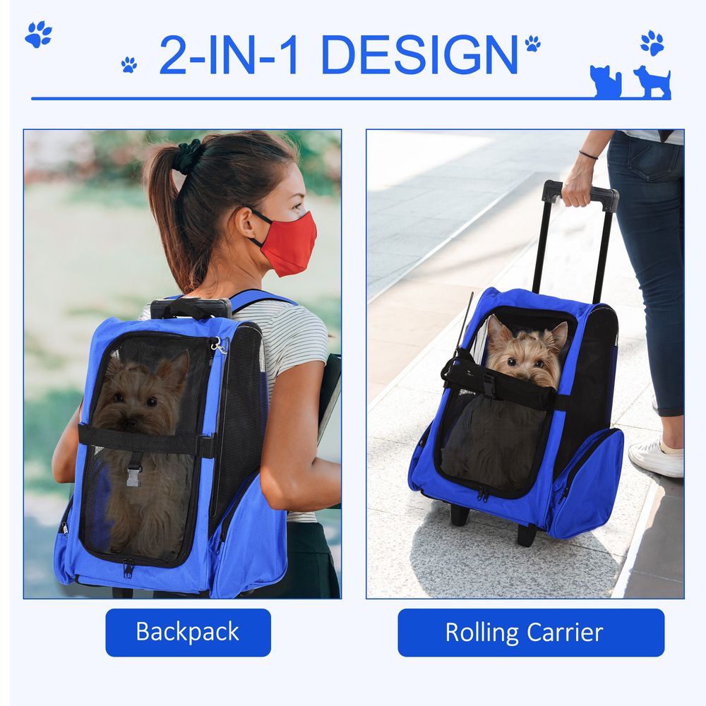 Pet Travel Backpack Bag Cat Puppy Dog Carrier w/ Trolley and Telescopic Handle Portable Stroller Wheel Luggage Bag (Blue)